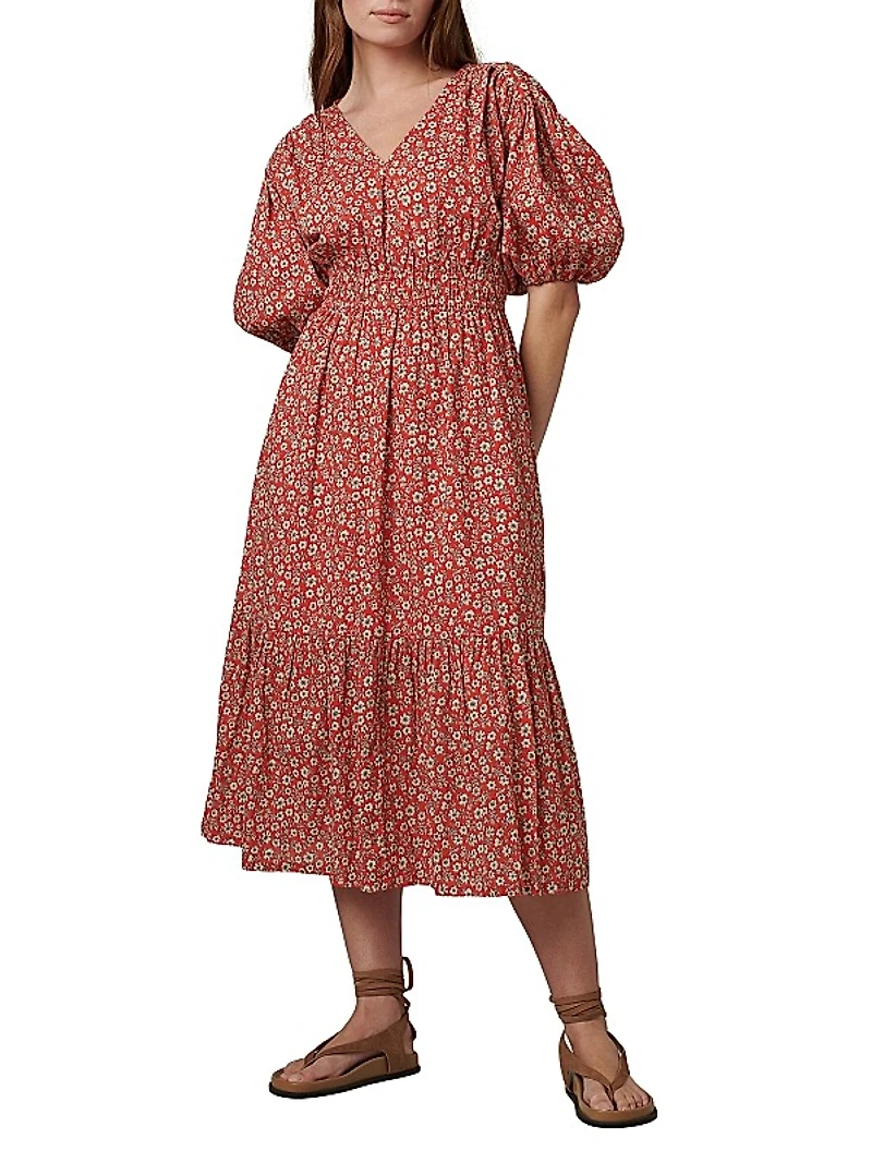 Lindsey Floral Puff-Sleeve Midi-Dress