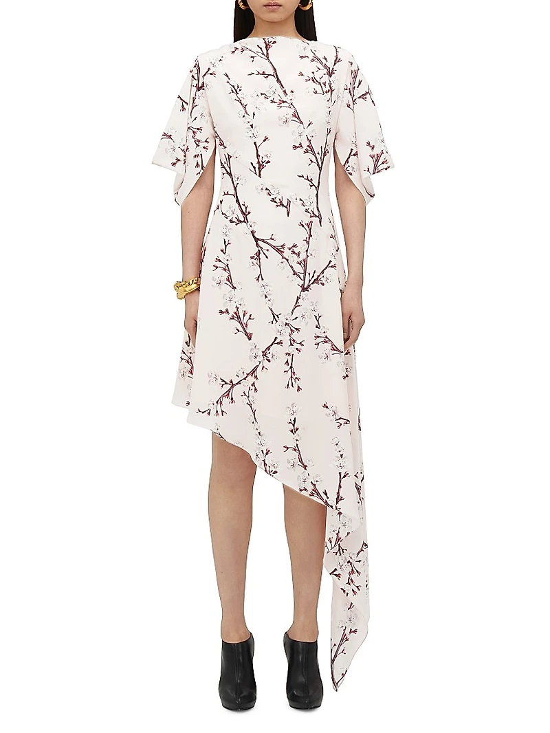 Floral Silk Asymmetric Midi-Dress