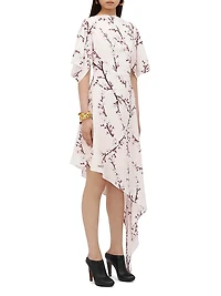 Floral Silk Asymmetric Midi-Dress