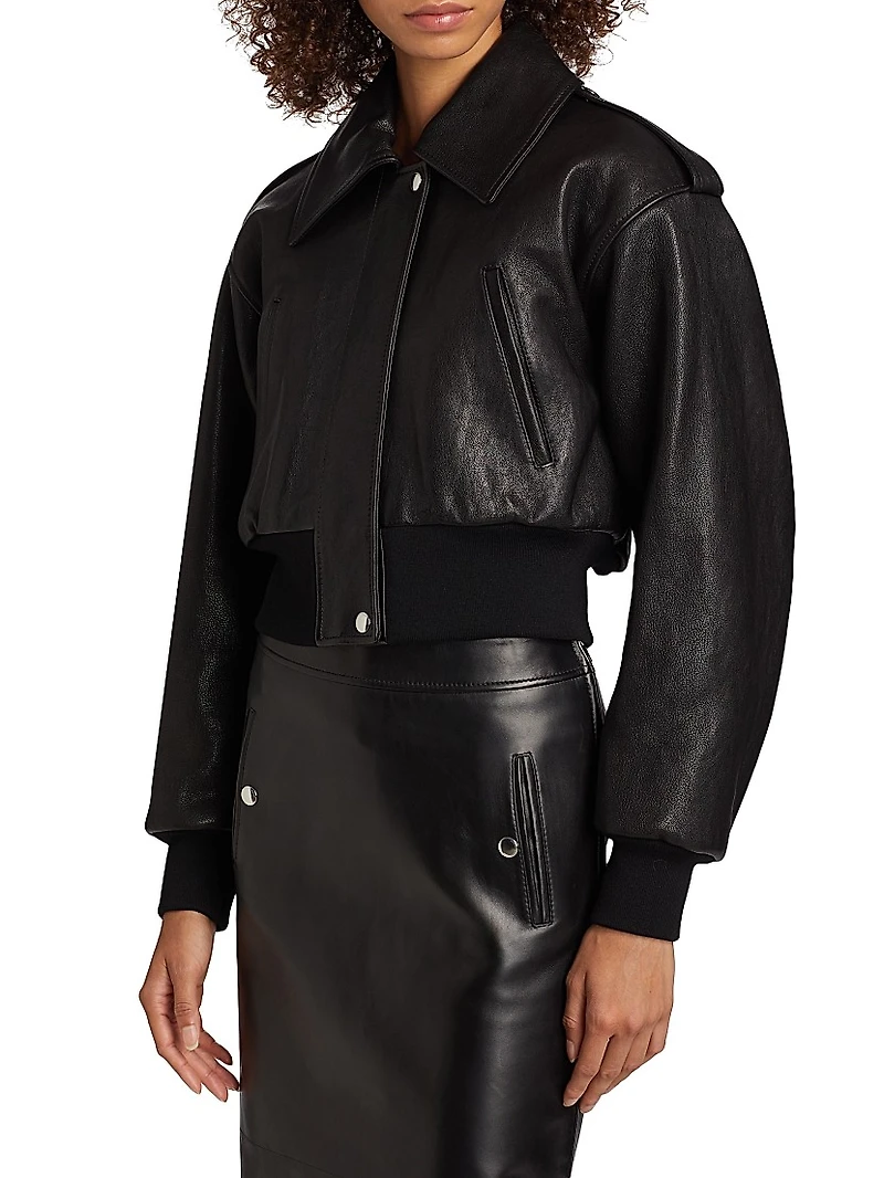 Crop Leather Bomber Jacket