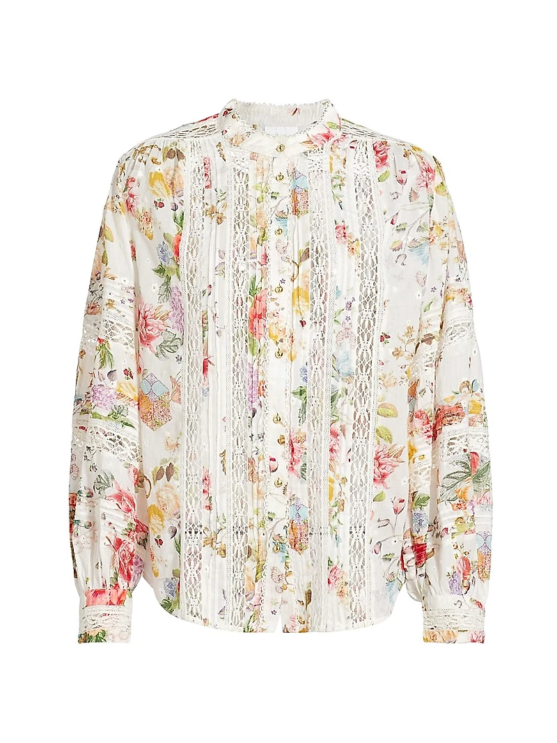Lace-Trimmed Floral Cotton Blouse