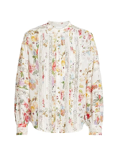 Lace-Trimmed Floral Cotton Blouse