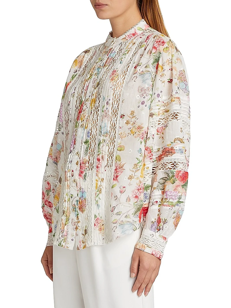 Lace-Trimmed Floral Cotton Blouse