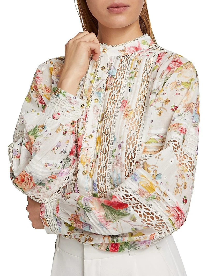 Lace-Trimmed Floral Cotton Blouse