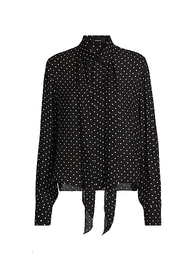 Polka Dot Silk Tie-Neck Blouse