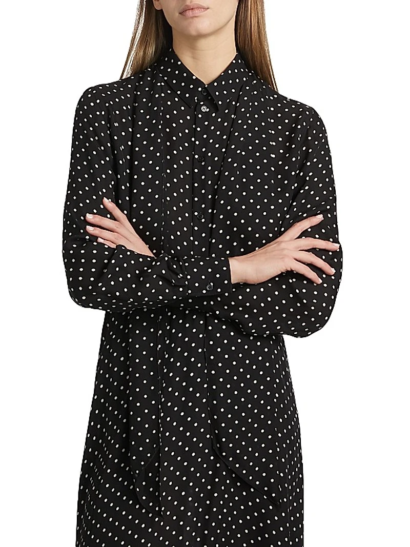 Polka Dot Silk Tie-Neck Blouse