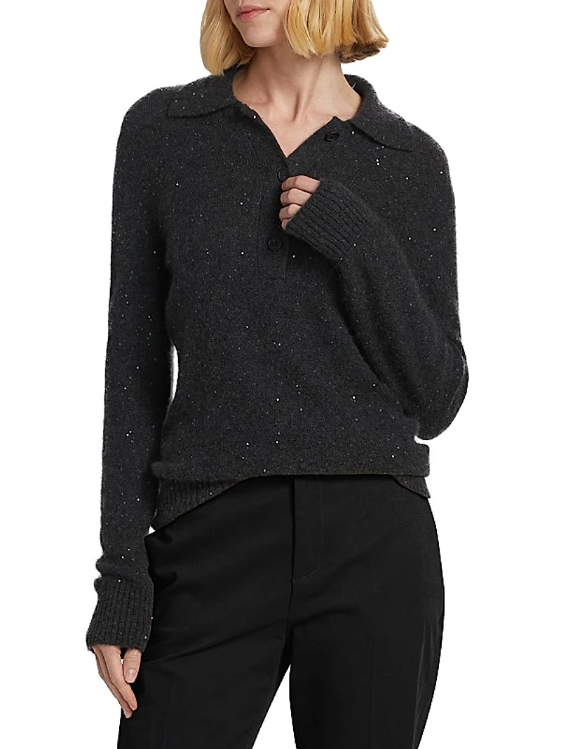 Sequin-Embellished Wool-Blend Polo Sweater