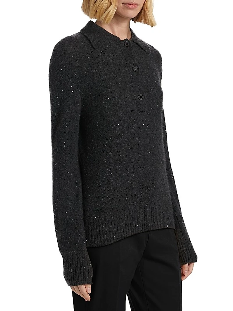 Sequin-Embellished Wool-Blend Polo Sweater