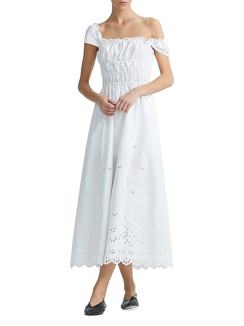 Lily Cotton Eyelet Shirred Midi-Dress