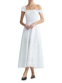 Lily Cotton Eyelet Shirred Midi-Dress