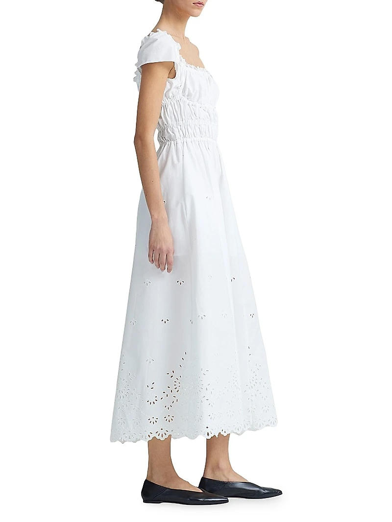 Lily Cotton Eyelet Shirred Midi-Dress