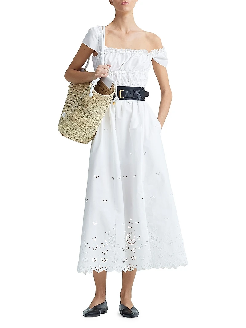 Lily Cotton Eyelet Shirred Midi-Dress