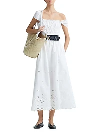 Lily Cotton Eyelet Shirred Midi-Dress