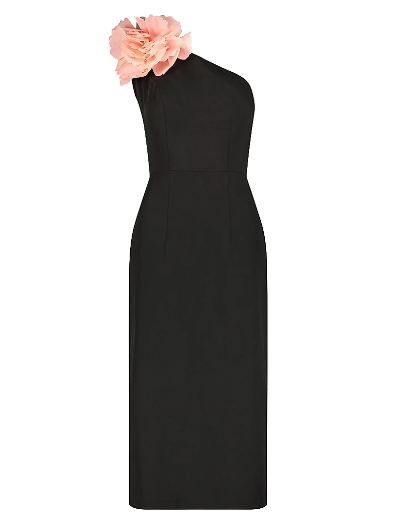 One-Shoulder Floral Appliqué Midi-Dress