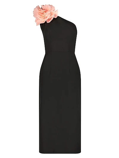 One-Shoulder Floral Appliqué Midi-Dress