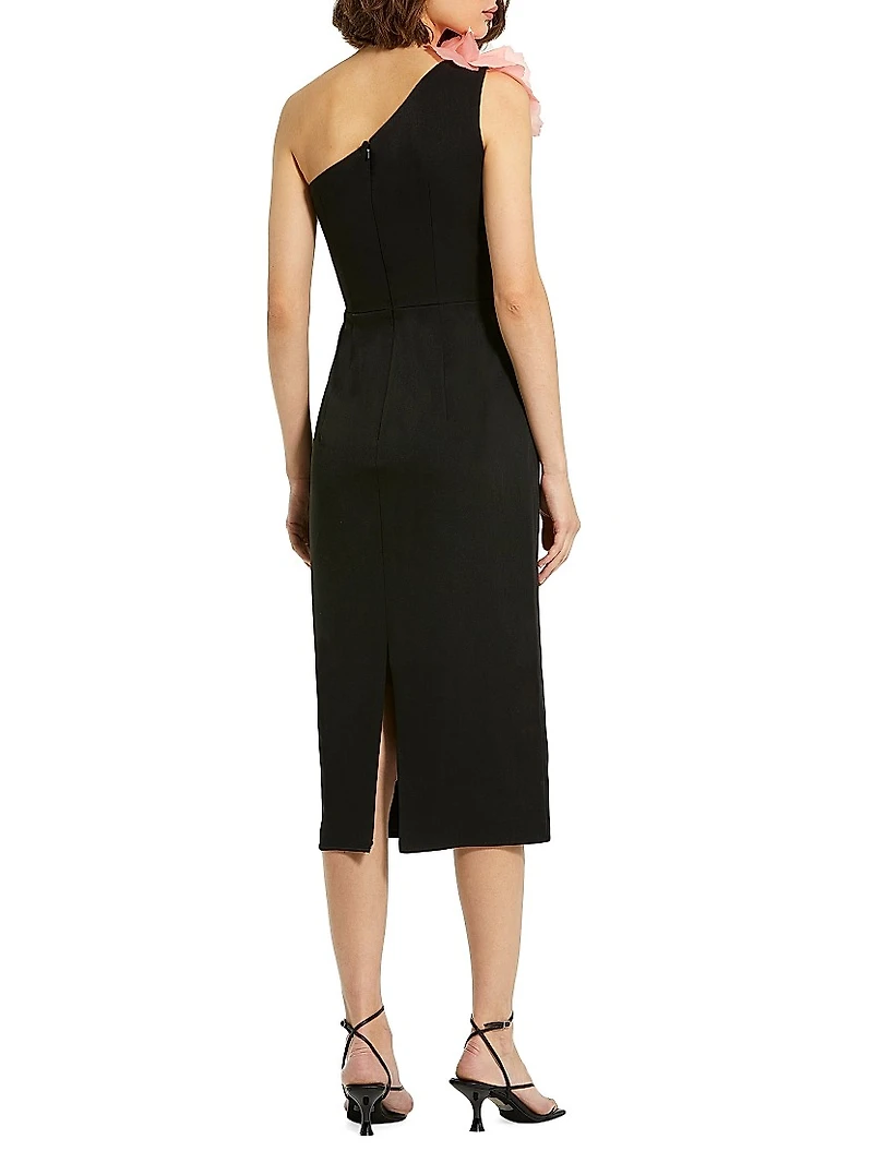 One-Shoulder Floral Appliqué Midi-Dress