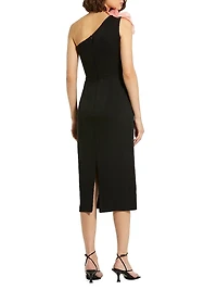 One-Shoulder Floral Appliqué Midi-Dress