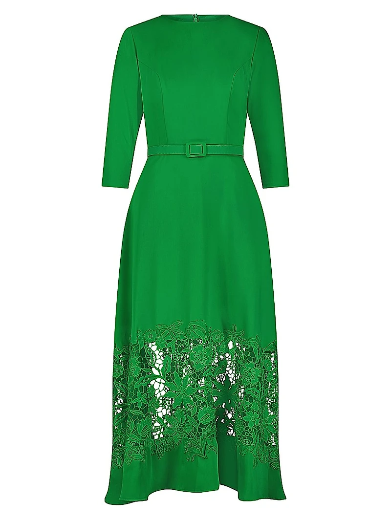 Crepe Lace Belted Midi-Dress