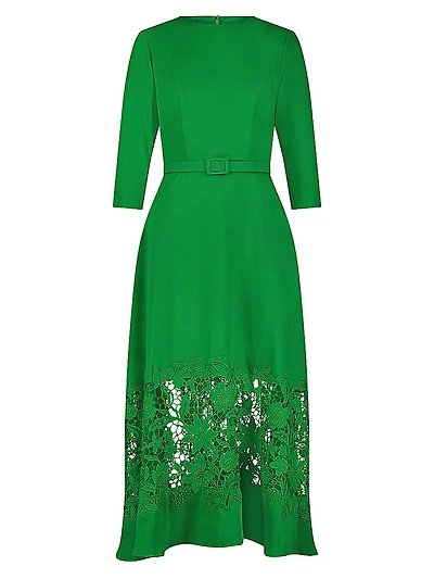 Crepe Lace Belted Midi-Dress