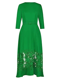Crepe Lace Belted Midi-Dress