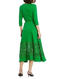 Crepe Lace Belted Midi-Dress