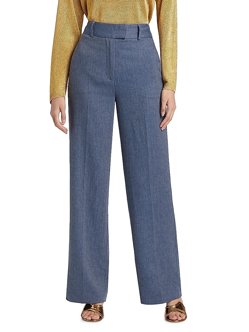 Herringbone Linen-Blend Wide-Leg Pants