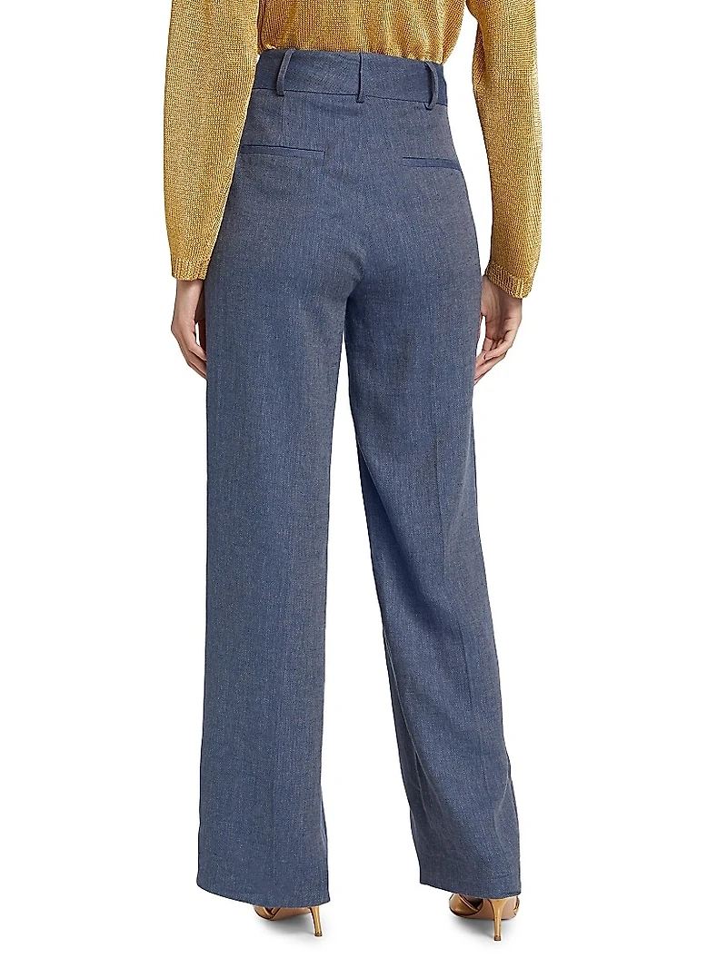 Herringbone Linen-Blend Wide-Leg Pants