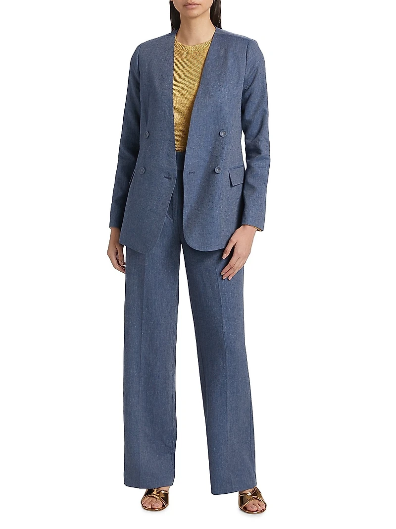 Herringbone Linen-Blend Wide-Leg Pants