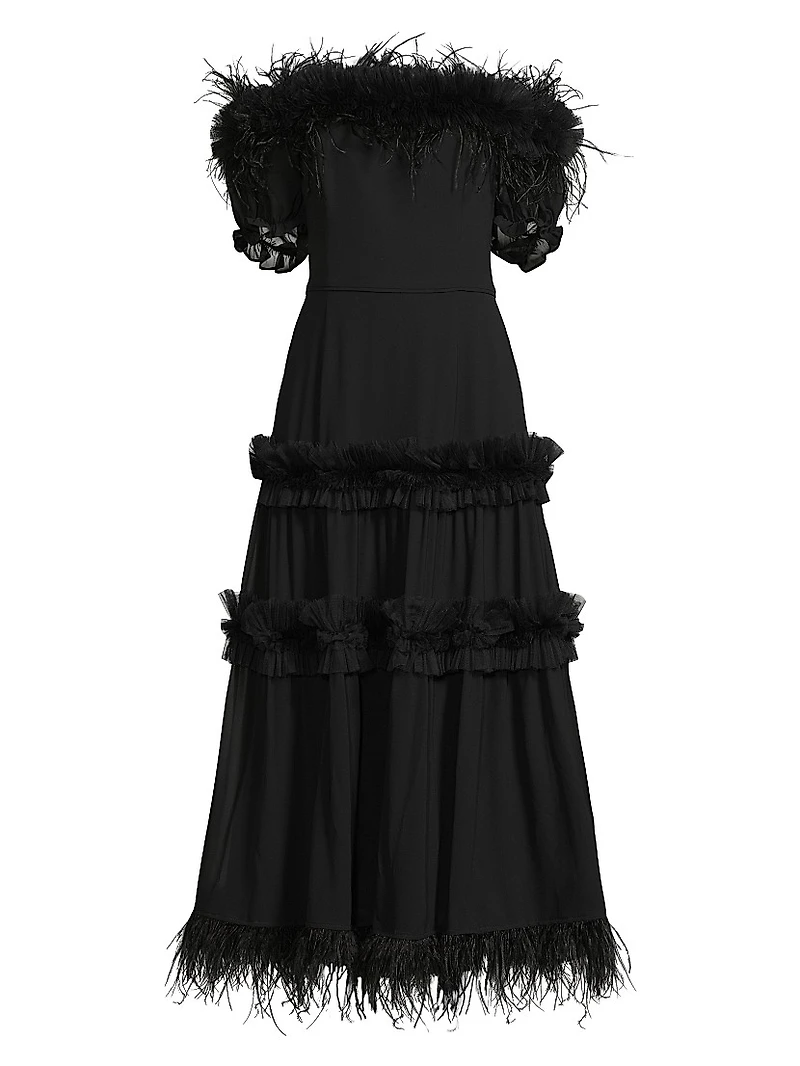 Off-the-Shoulder Feather-Trim Maxi Dress