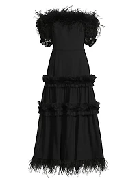 Off-the-Shoulder Feather-Trim Maxi Dress