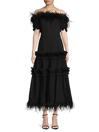 Off-the-Shoulder Feather-Trim Maxi Dress