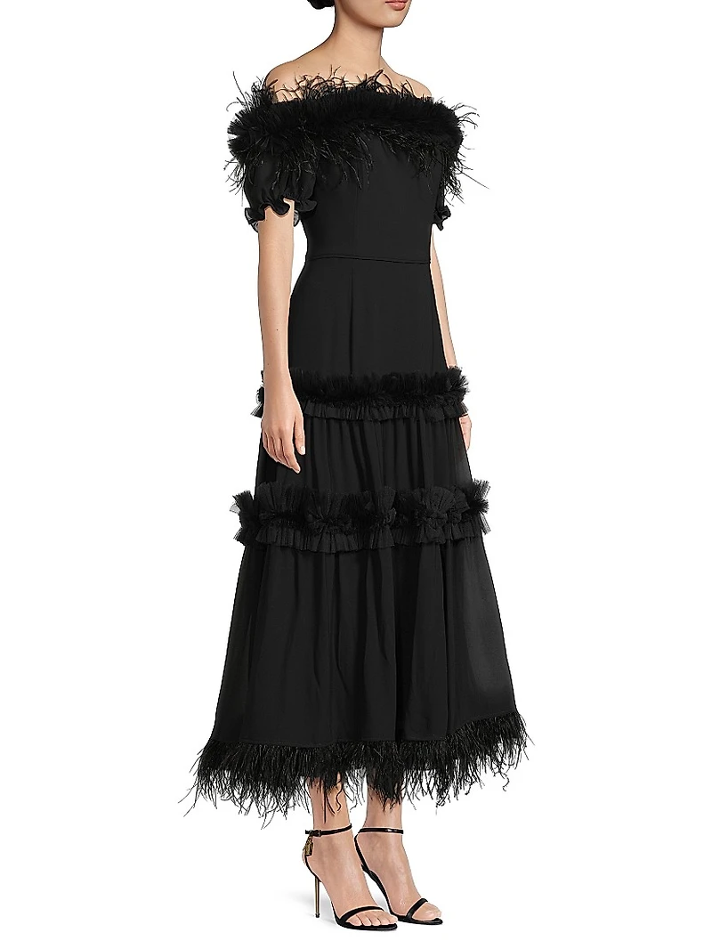 Off-the-Shoulder Feather-Trim Maxi Dress