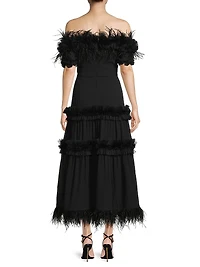 Off-the-Shoulder Feather-Trim Maxi Dress