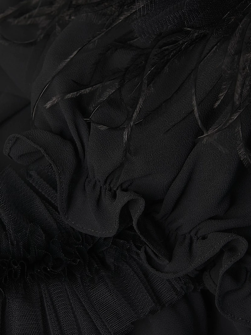 Off-the-Shoulder Feather-Trim Maxi Dress