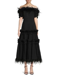 Off-the-Shoulder Feather-Trim Maxi Dress