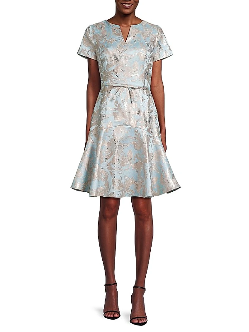 Floral Metallic Jacquard Flounce Midi-Dress