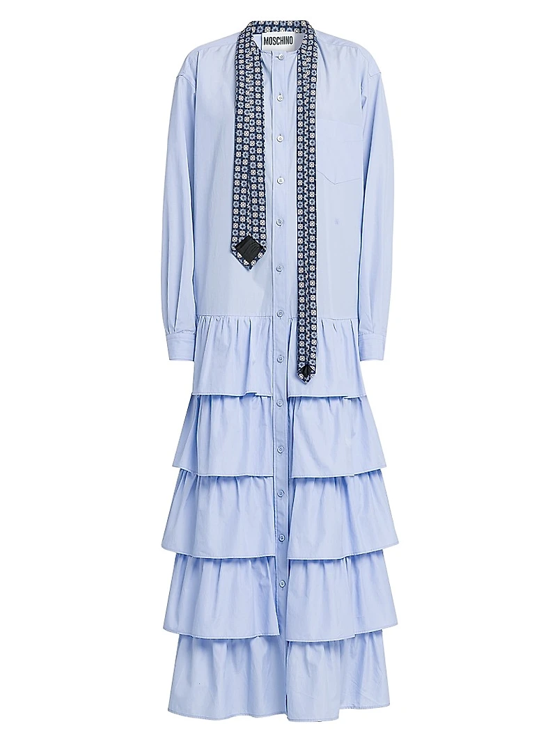 Tie Poplin Cotton Ruffle Shirtdress