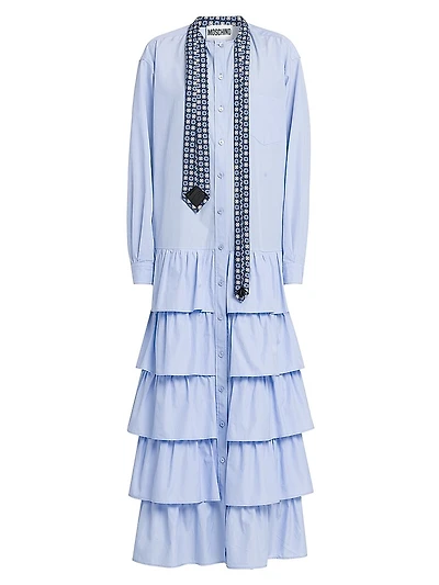 Tie Poplin Cotton Ruffle Shirtdress