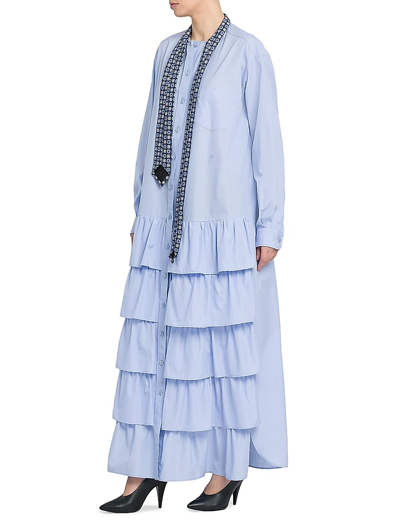 Tie Poplin Cotton Ruffle Shirtdress