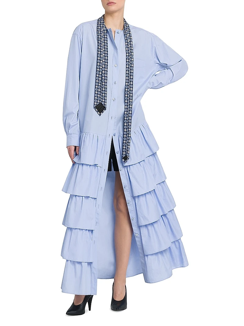 Tie Poplin Cotton Ruffle Shirtdress