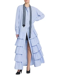 Tie Poplin Cotton Ruffle Shirtdress