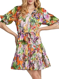 Sydney Palm Tiered Puff-Sleeve Minidress