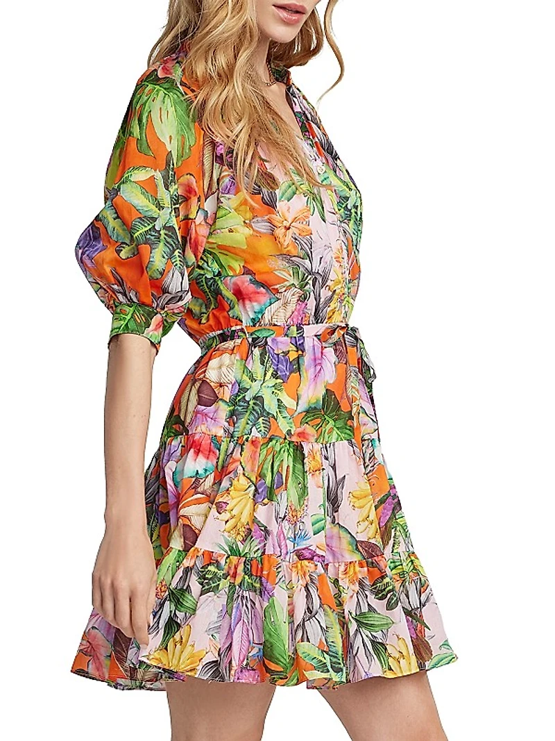 Sydney Palm Tiered Puff-Sleeve Minidress