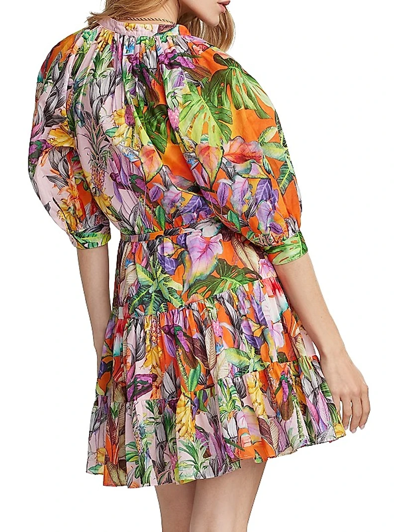 Sydney Palm Tiered Puff-Sleeve Minidress