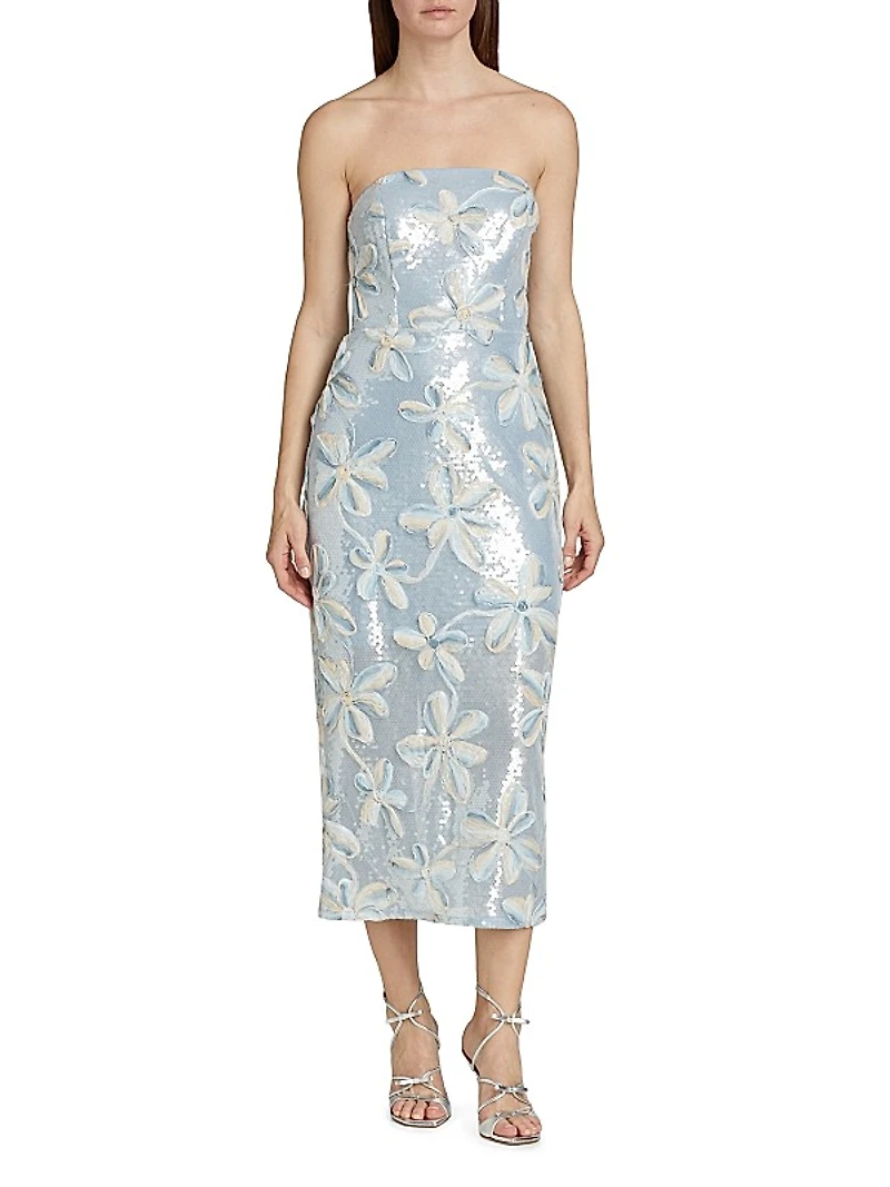 Floral Embroidered Sequin Strapless Dress