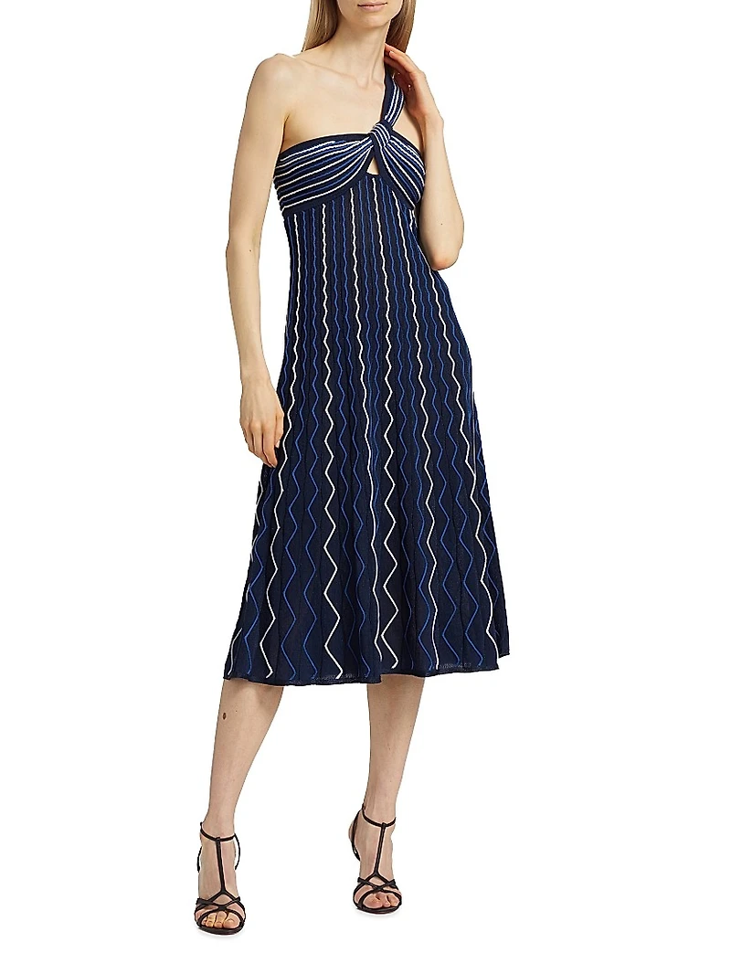 Zig-Zag One-Shoulder Knit Midi-Dress