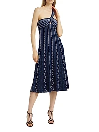 Zig-Zag One-Shoulder Knit Midi-Dress