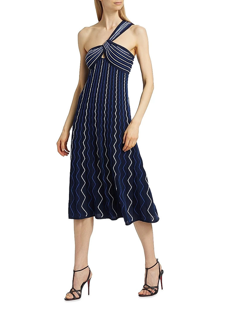 Zig-Zag One-Shoulder Knit Midi-Dress