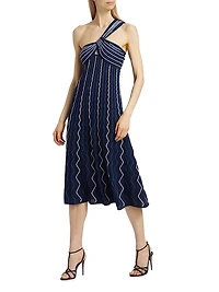 Zig-Zag One-Shoulder Knit Midi-Dress