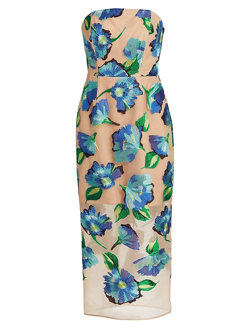 Pictorial Poppy Mesh Strapless Dress